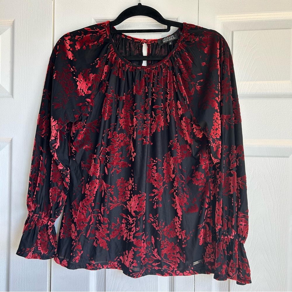 Black and Red Velvet Burnout Blouse